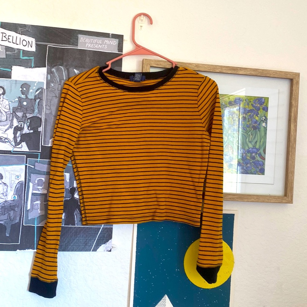 Cropped Yellow/Black striped Long sleeve Top
